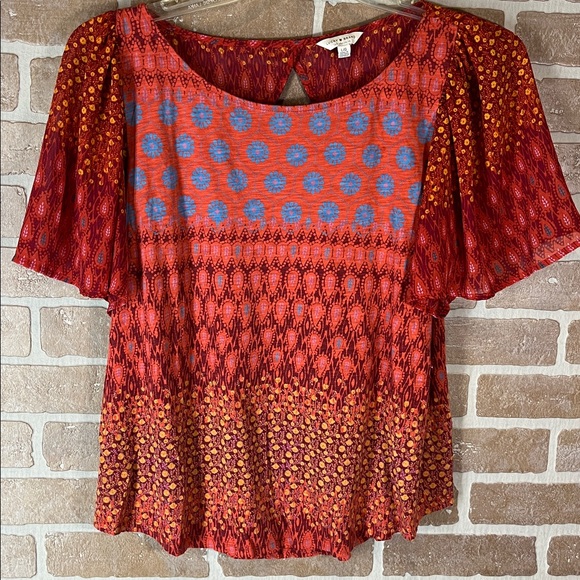 Lucky Brand Tops - Lucky Brand Top Women’s Red Boho Print Flutter Sleeve lightweight Summer Large